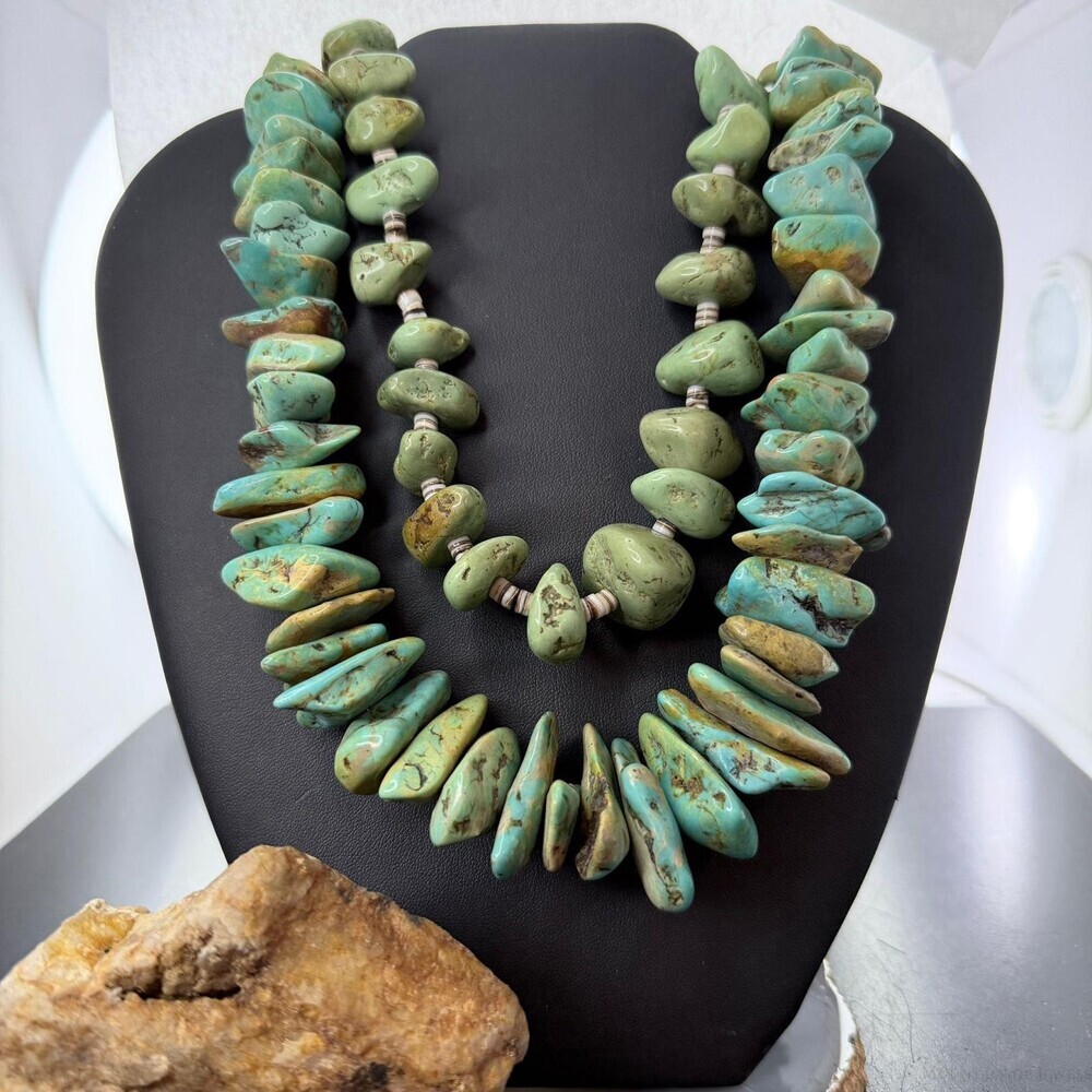 Vintage 2 Strands Chunky Natural Turquoise Stone Necklace For Women